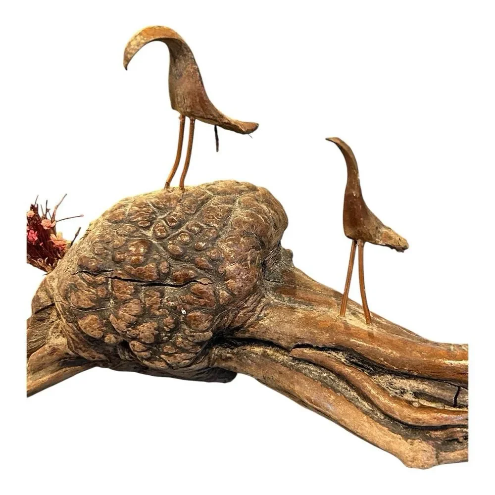 Vtg Burl Wood Driftwood Art Statue Pinecone Birds‎ Copper Wire Legs Decor
